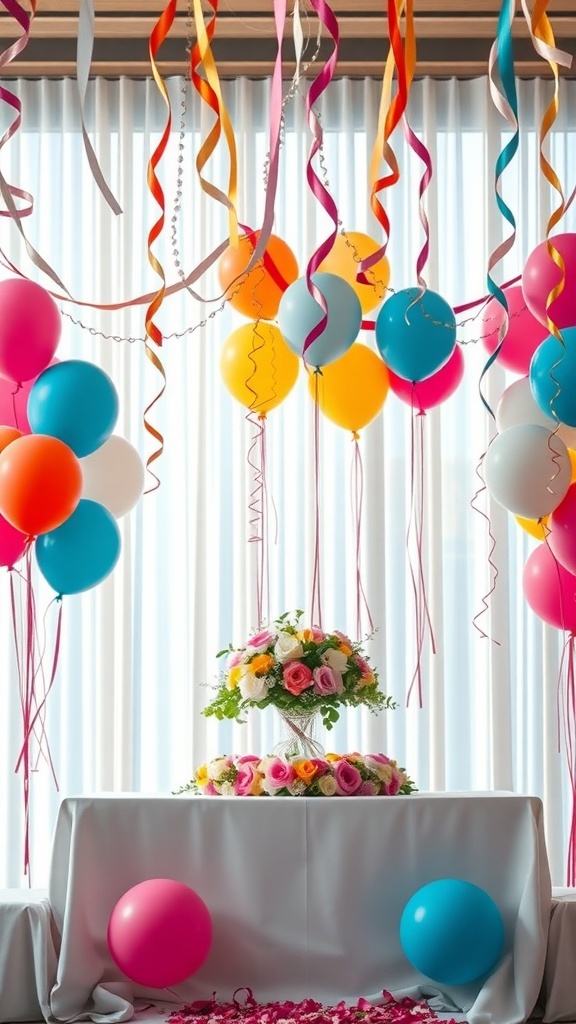 A colorful wedding centerpiece with balloons and streamers