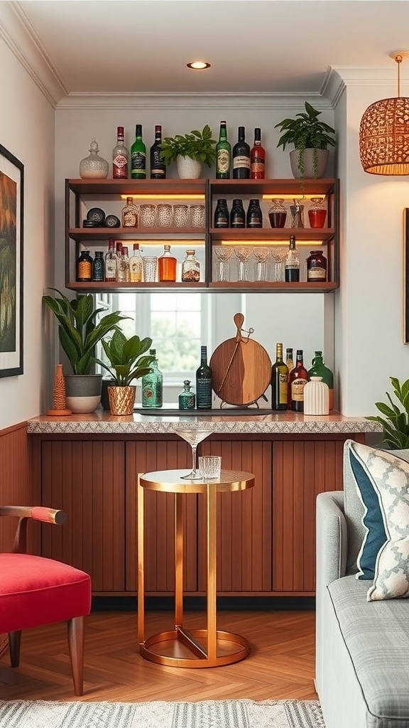 A stylish small home bar with colorful bottles, glassware, and plants, featuring a gold accent table.
