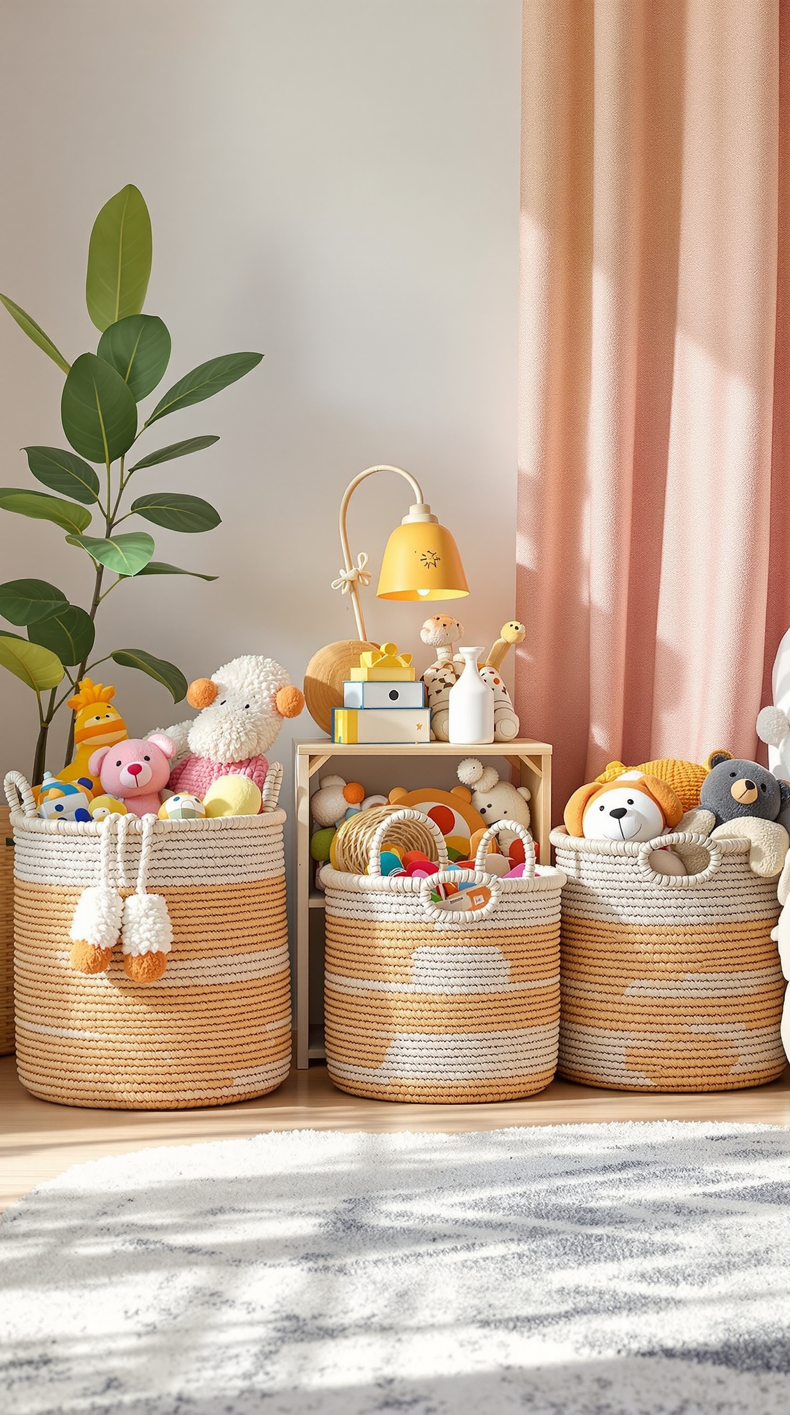 Colorful woven baskets filled with toys in a bright room