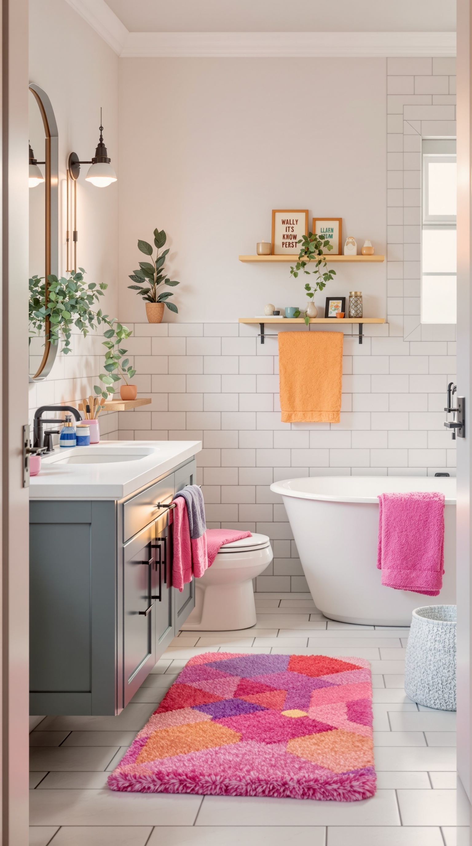 A colorful geometric bath mat in a kids' bathroom with pink, orange, and purple hues.