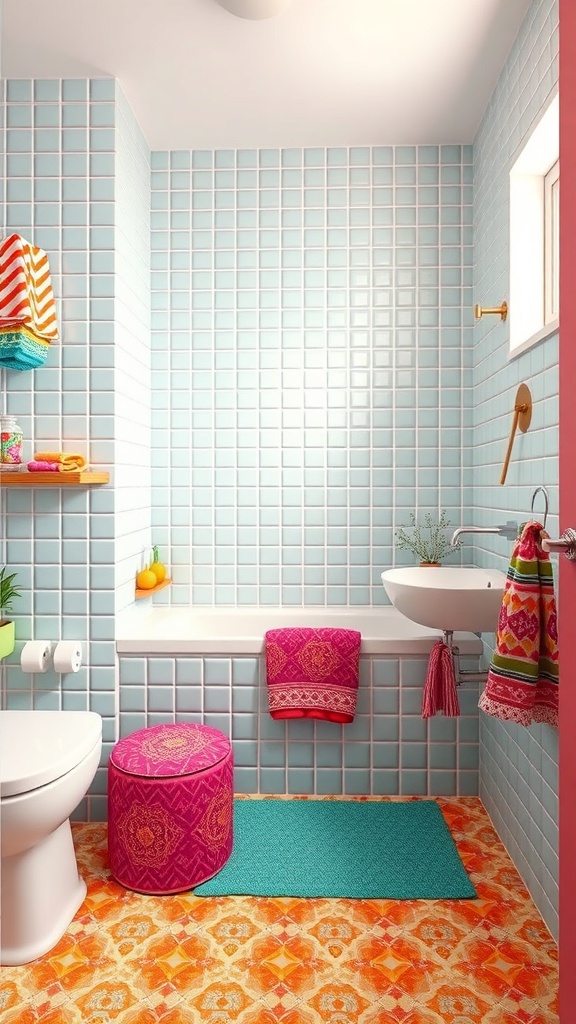 A colorful bathroom with light blue tiles, pink accents, and patterned floor tiles.
