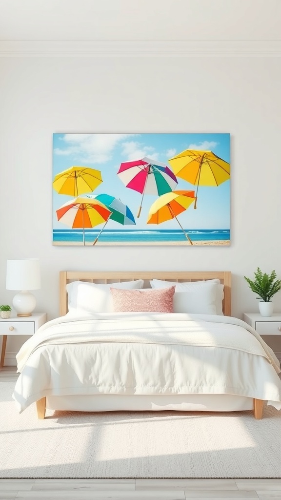 Colorful beach umbrellas against a bright blue sky