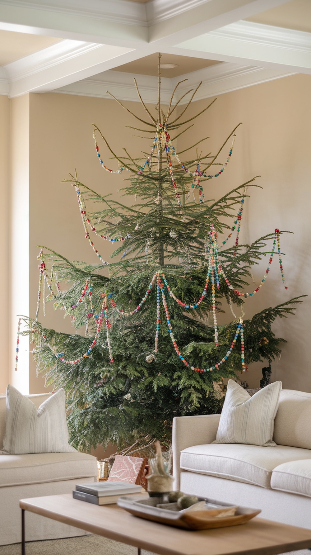 A beautifully decorated Christmas tree adorned with colorful beaded garlands, set in a cozy living room.