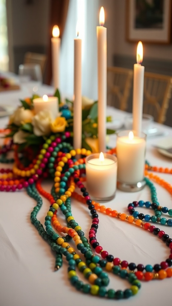 A wedding table centerpiece featuring colorful beaded necklaces, candles, and flowers.