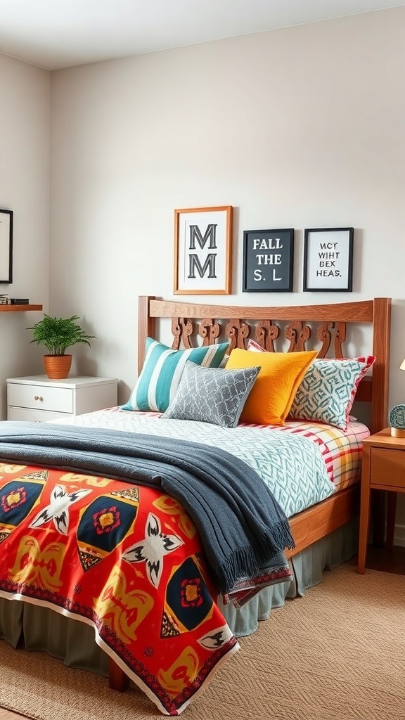 A cozy teen boy's bedroom with colorful bedding, featuring a mix of patterns and textures.