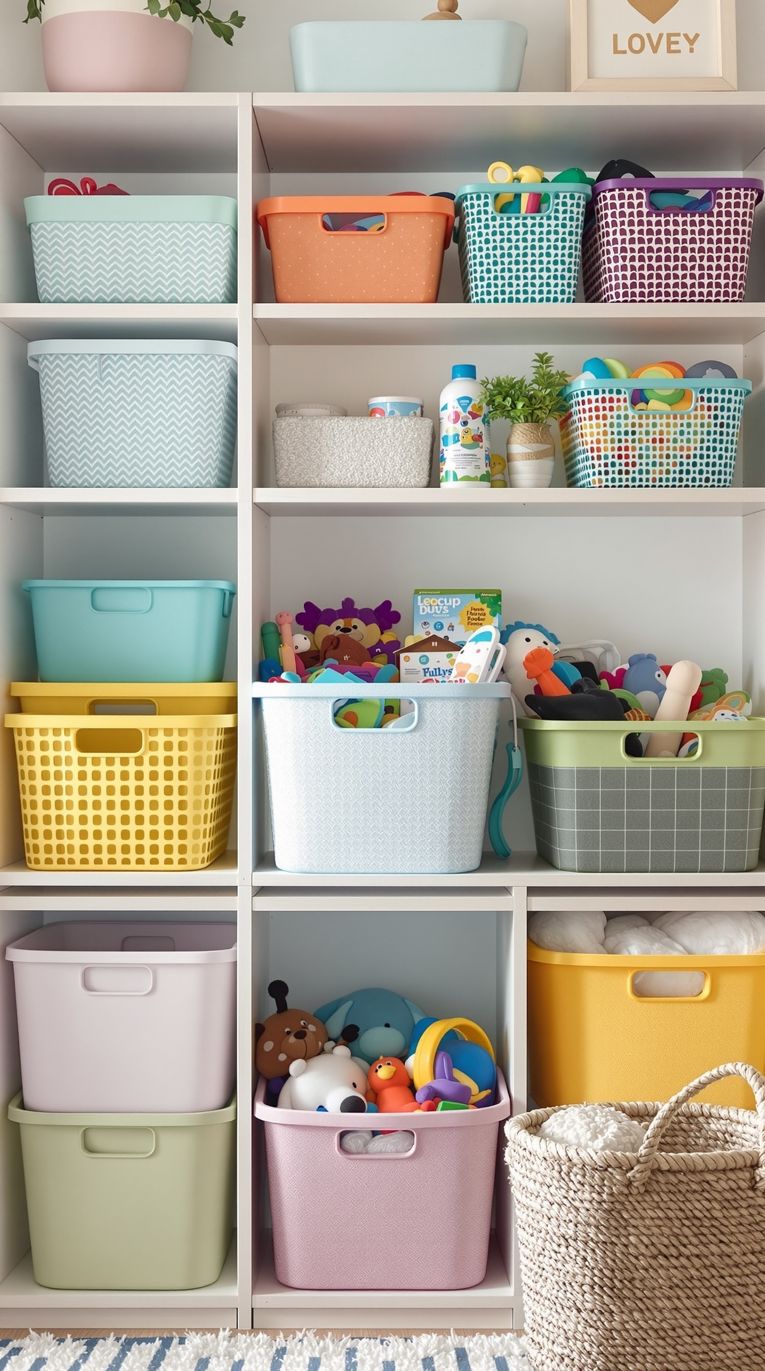 Colorful bins organized on shelves for toy storage