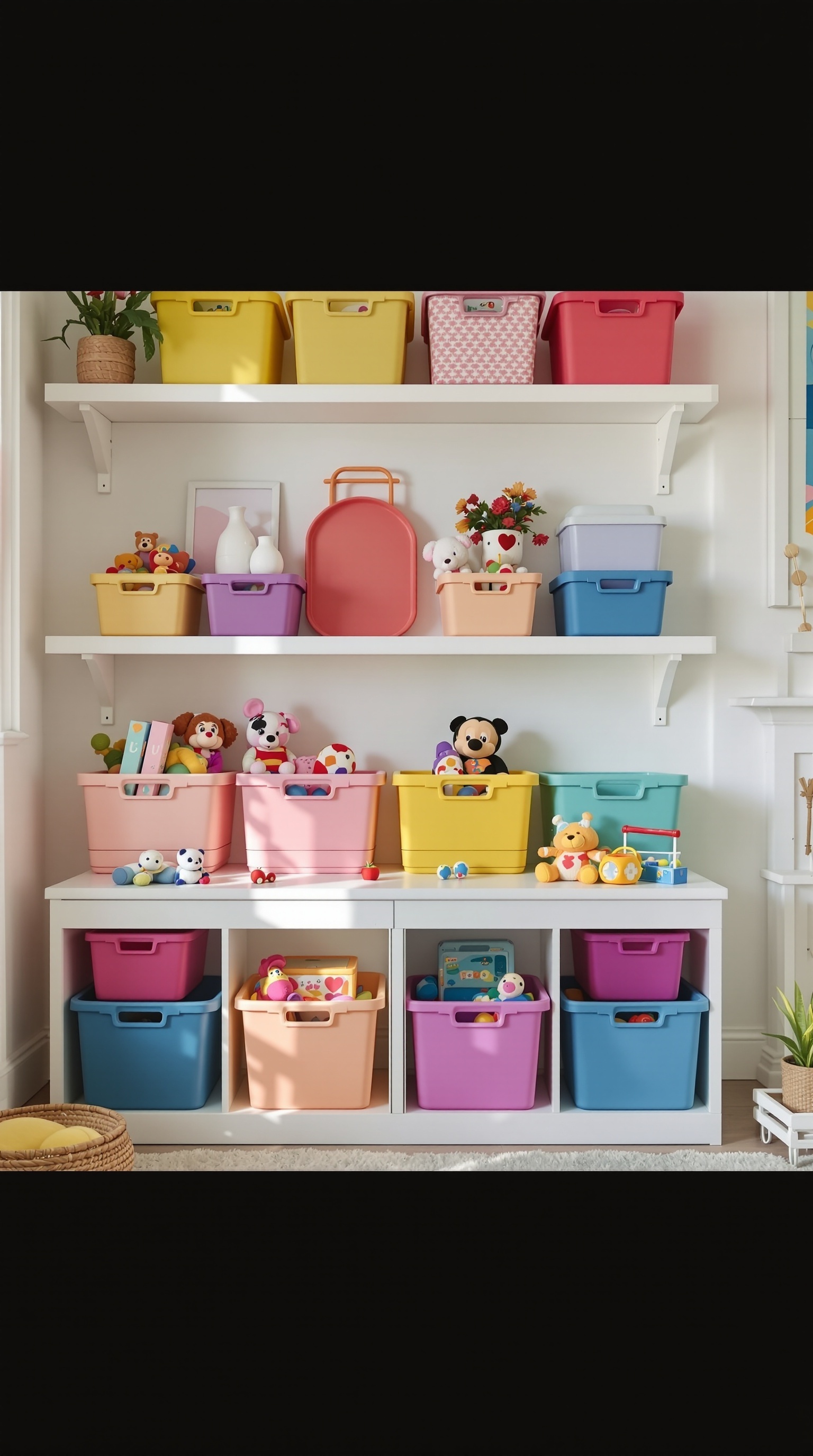 Colorful bins on shelves filled with toys in a playroom