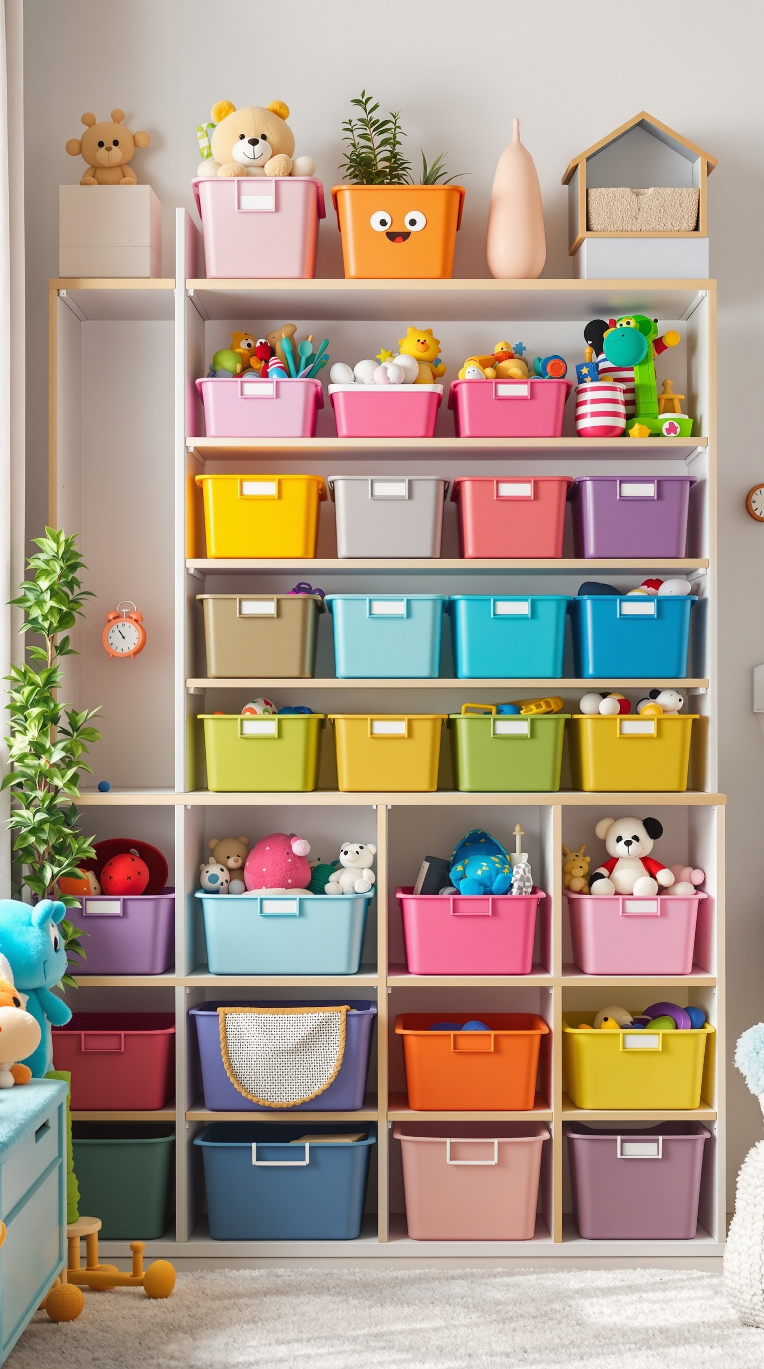A shelf filled with colorful bins for toy storage, showcasing a variety of toys organized neatly.