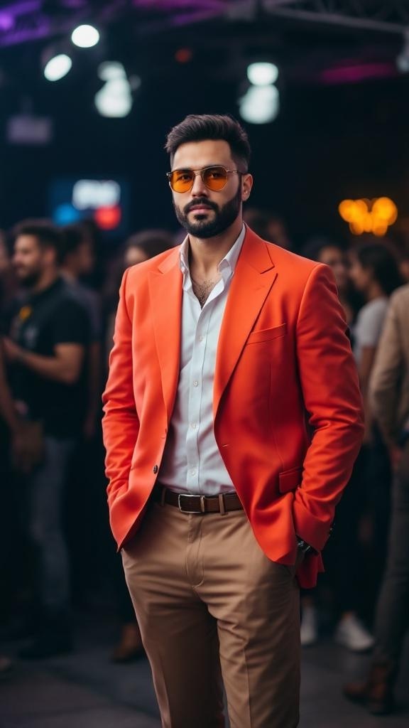 A man wearing a vibrant orange blazer with a light blue shirt and tan trousers, standing confidently at a social event.