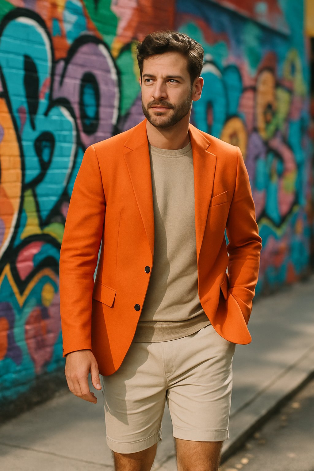 A man wearing an orange blazer, beige sweater, and light shorts, walking in front of a colorful graffiti wall.