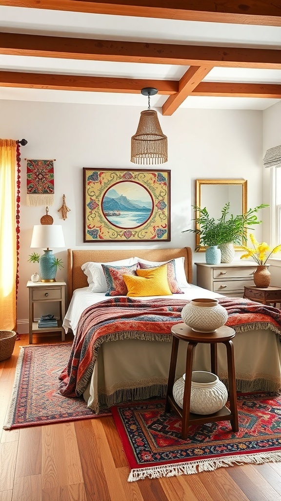 A colorful bohemian bedroom with a bed dressed in vibrant patterns, wall art, plants, and textured decor.