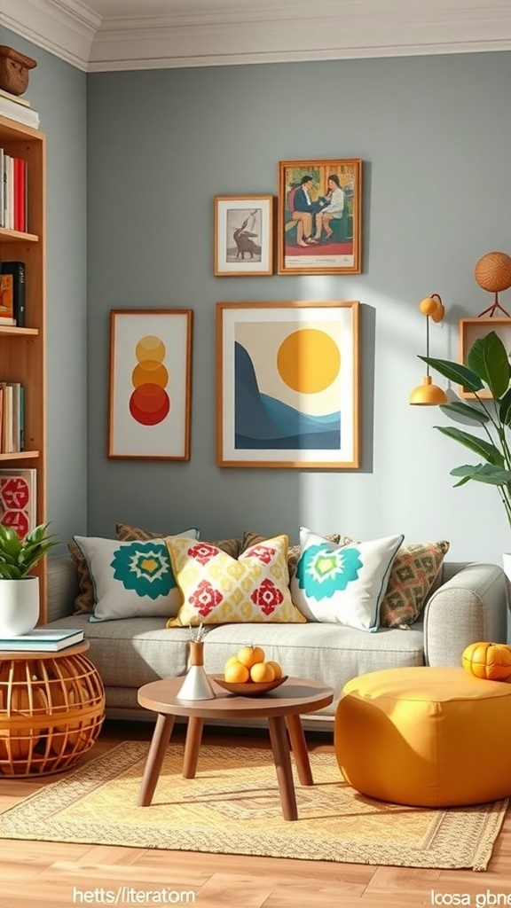 Cozy reading corner with colorful cushions, artwork, and a wooden bookshelf