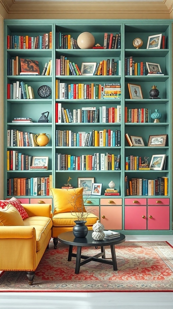 A colorful bookcase filled with books, featuring a cozy yellow couch and a black coffee table.