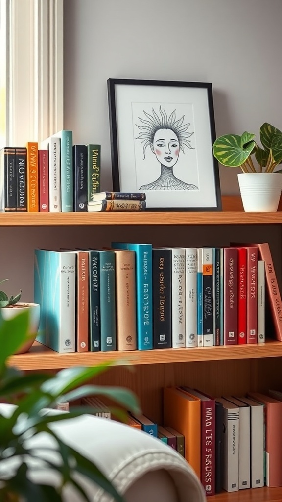 A cozy reading room with colorful bookends, neatly organized books, a small plant, and framed artwork.