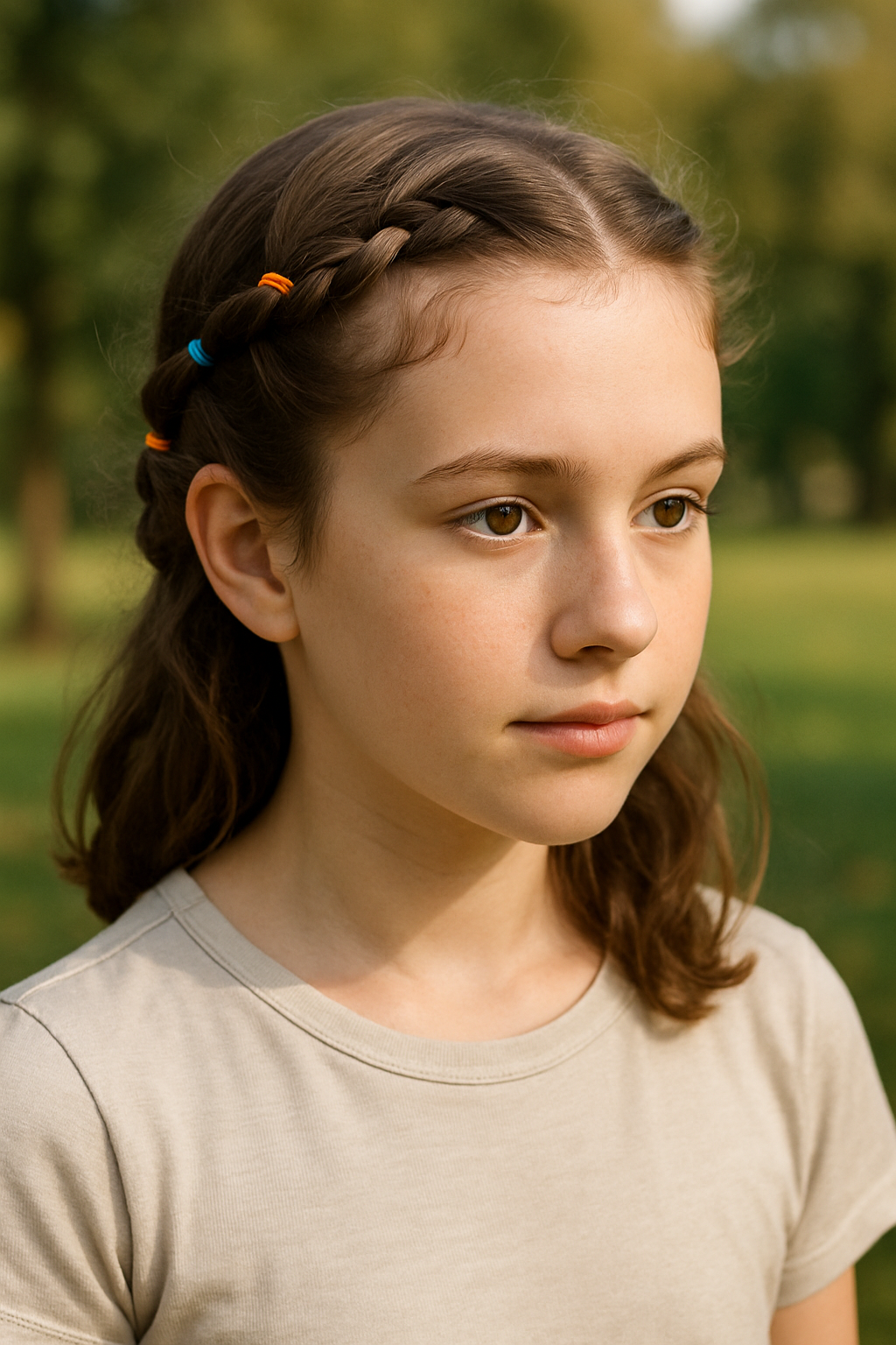 A young girl with a colorful braided crown hairstyle, featuring orange and blue hair ties.