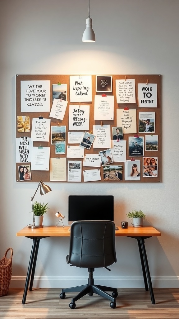 A colorful bulletin board filled with notes, quotes, and photos above a desk with a computer and plants.