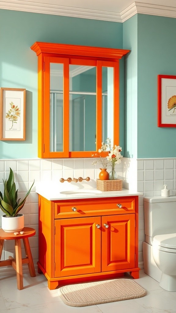 A vibrant orange bathroom cabinet set against teal walls, featuring a small potted plant and decorative accessories.