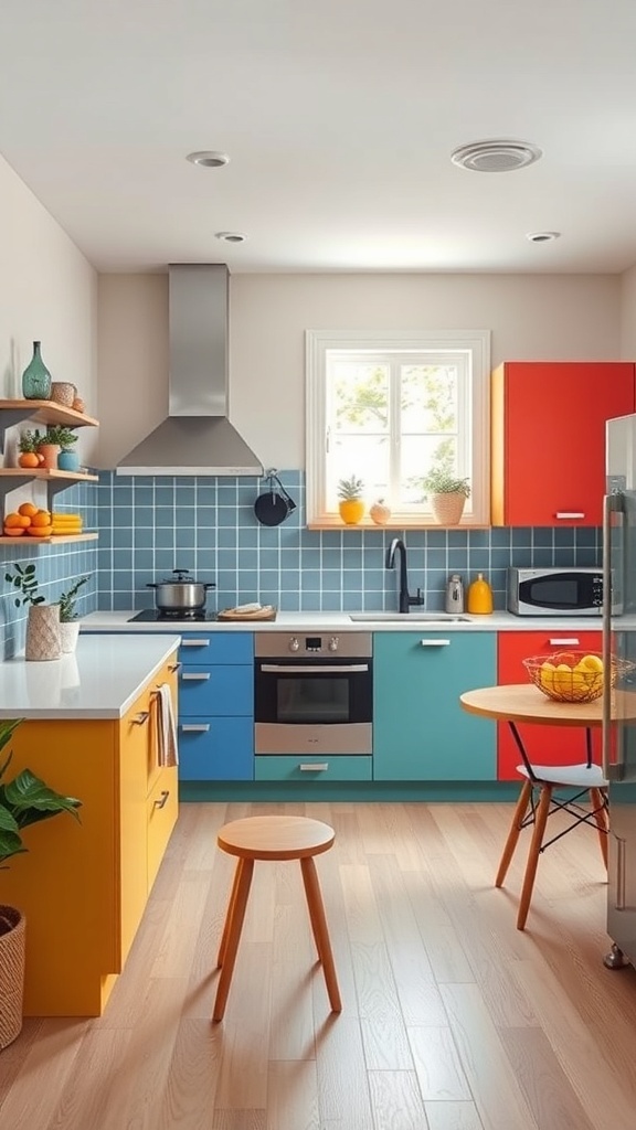 A modern kitchen featuring colorful cabinetry in yellow, red, and blue with a bright atmosphere.