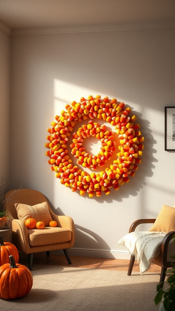 A colorful candy corn wreath hanging on a wall, surrounded by cozy fall decor.