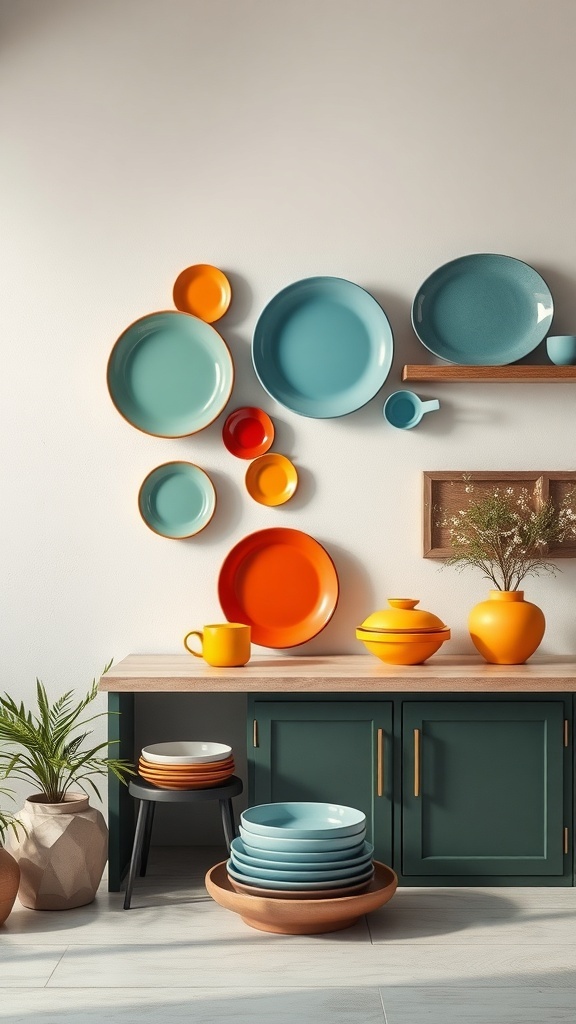 Colorful ceramic plates arranged on a kitchen wall with a wooden shelf and plants.
