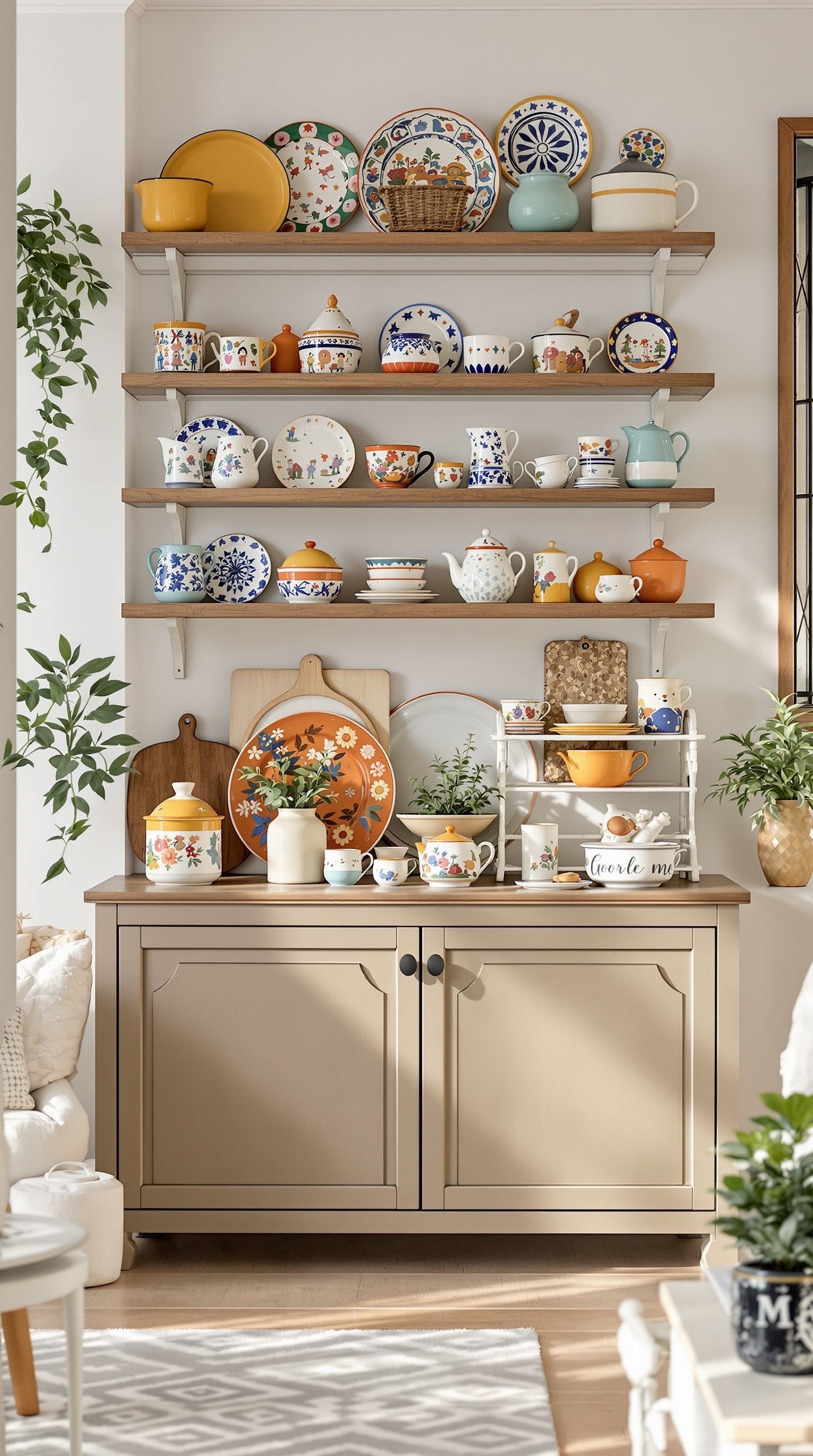 Colorful ceramics and kitchenware displayed on shelves in a cozy family room.