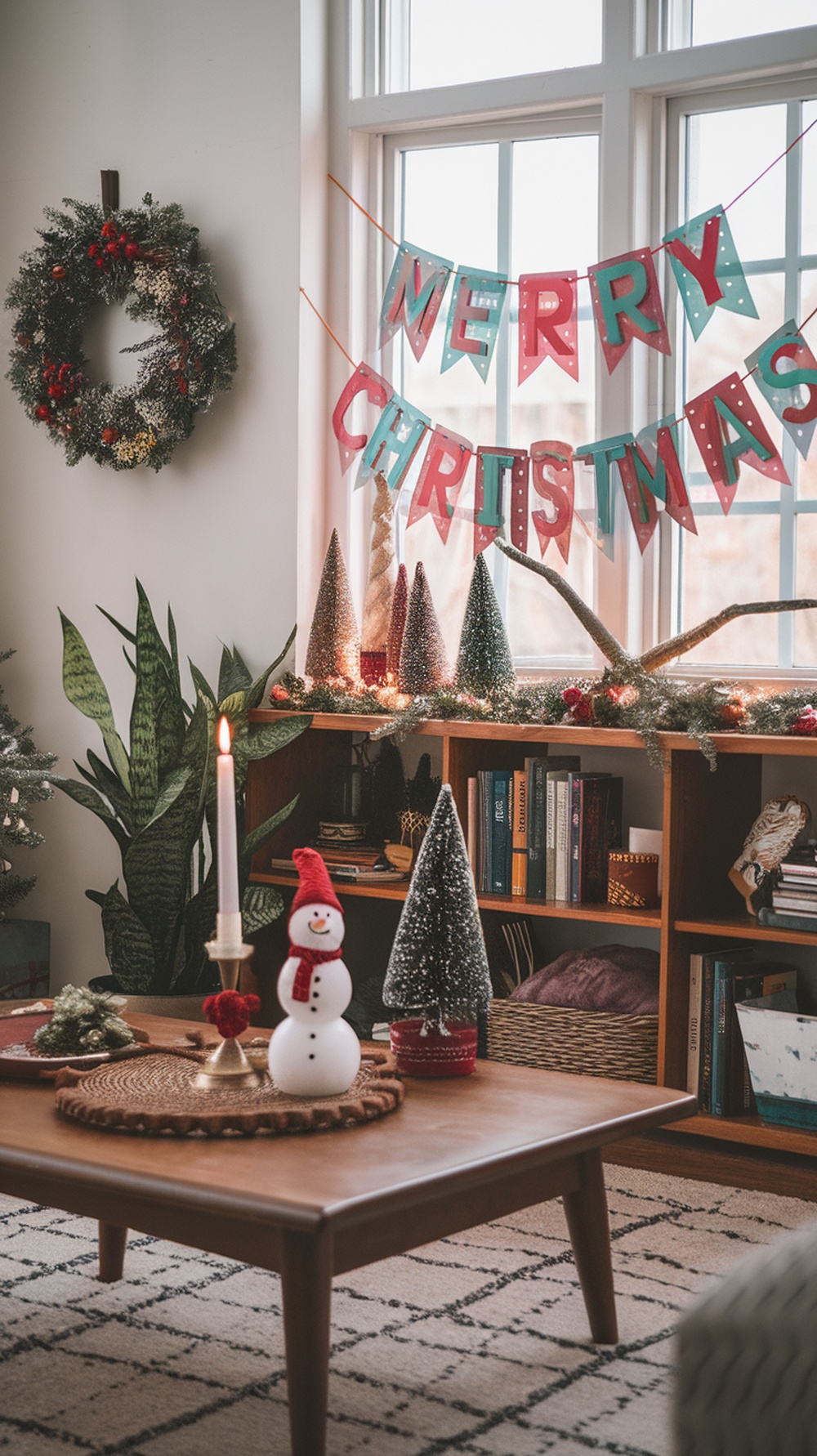 A cozy room decorated for Christmas with a colorful 'MERRY CHRISTMAS' banner, a wreath, and festive figurines.