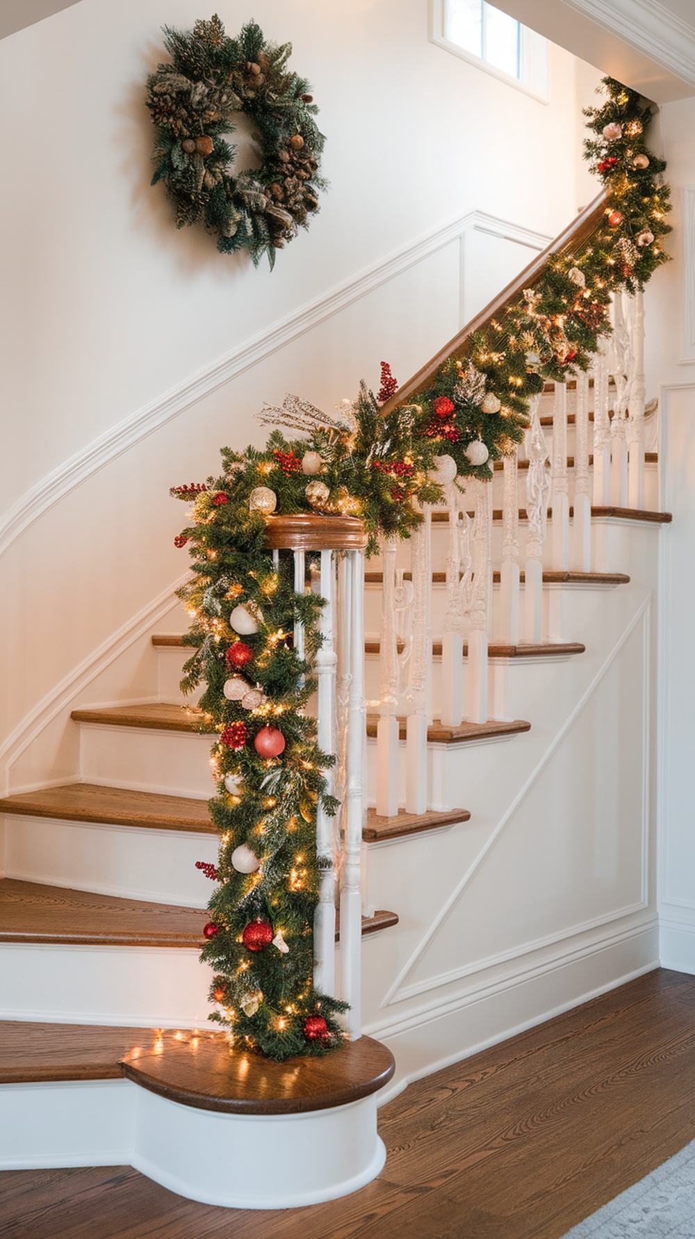 A beautifully decorated staircase with a colorful Christmas garland featuring lights, ornaments, and berries.