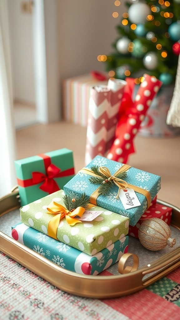 A colorful Christmas wrapping station with presents in vibrant wrapping paper on a gold tray.