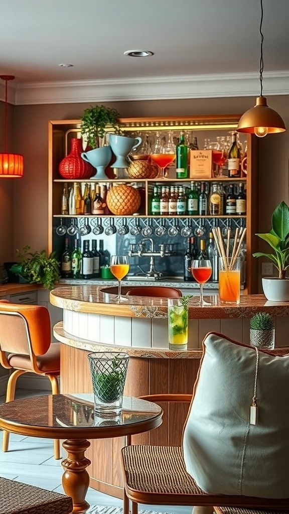 A colorful cocktail display at a small bar with various drinks and decorative elements.