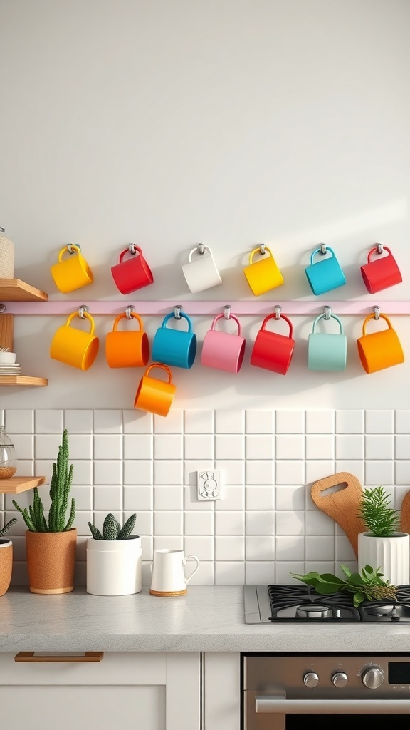 Colorful coffee mugs displayed on a wall rack in a kitchen
