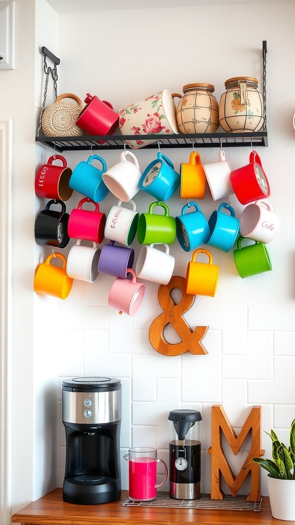 Colorful coffee mugs displayed on a wall-mounted rack above a coffee maker.