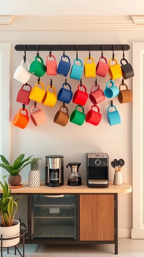 Colorful coffee mugs hanging on a rack above a coffee bar setup