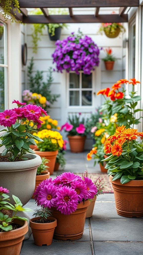 A vibrant display of colorful container gardens with various flowers in pots.