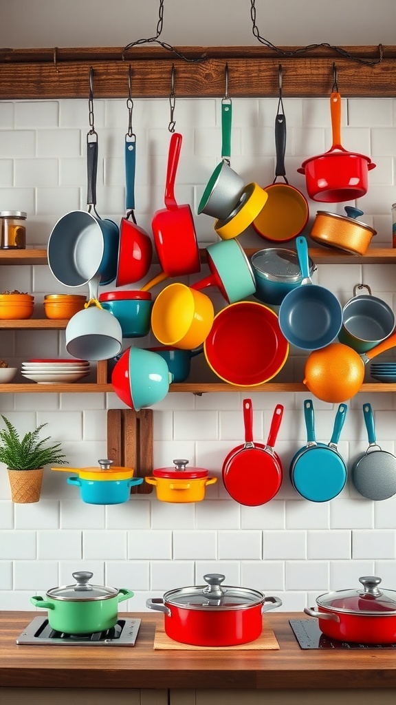 A collection of colorful cookware hanging on a wall and displayed on a countertop in a kitchen.
