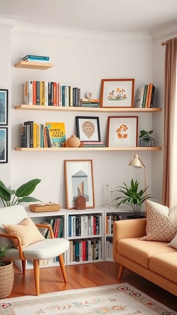 Colorful corner shelves filled with books, art, and plants in a cozy living room.