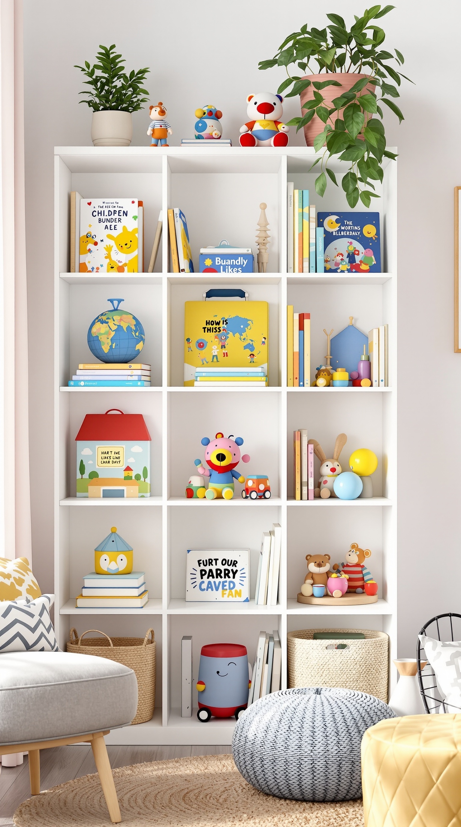 Colorful cube shelves filled with children's books and toys, creating a cheerful reading space.