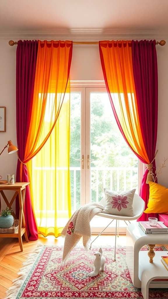 Colorful curtains in orange and pink framing a sliding glass door in a bright living room.