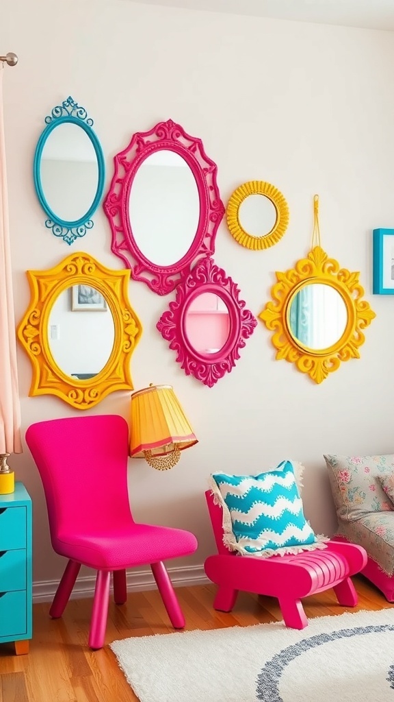 A wall decorated with colorful decorative mirrors in various shapes and sizes, alongside bright furniture.
