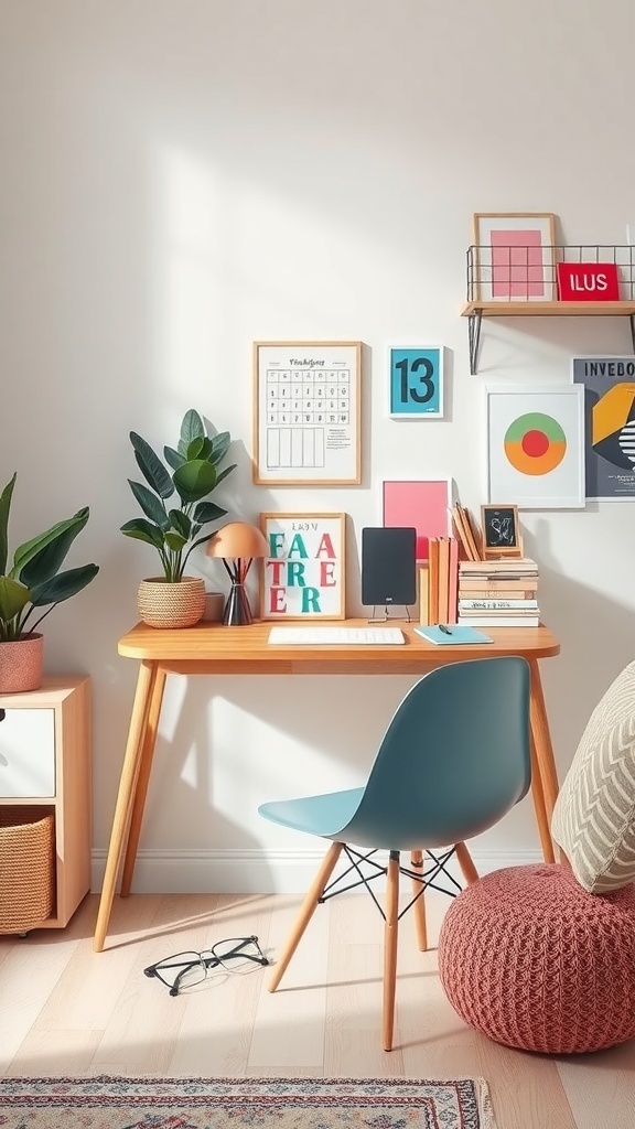 A colorful and cozy desk setup featuring a wooden desk, blue chair, plants, and vibrant wall art.