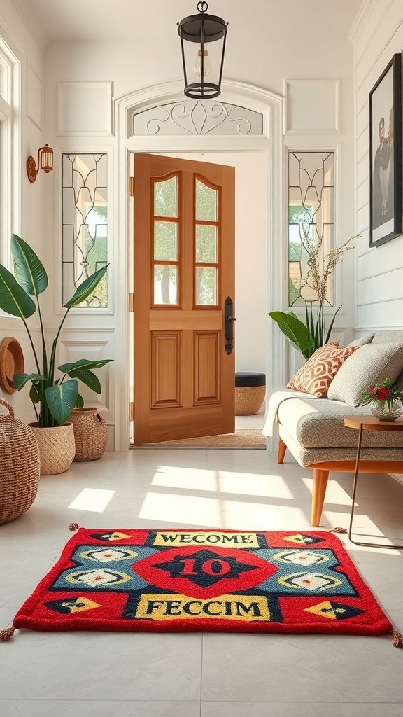 A colorful welcome mat in a bright entryway with a wooden door and plants.