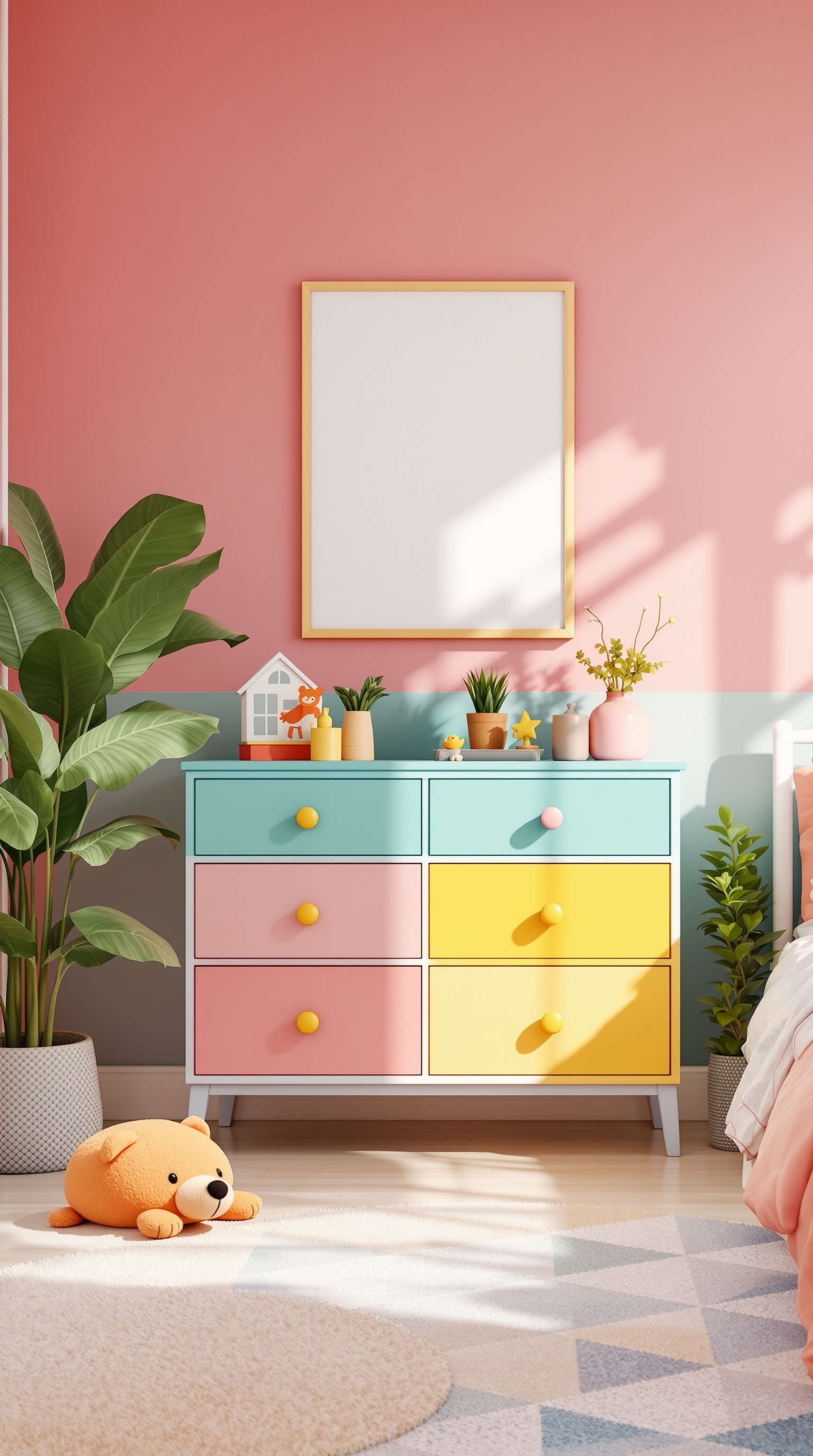 Colorful dresser in a kids' bedroom with pastel drawers and playful decor.