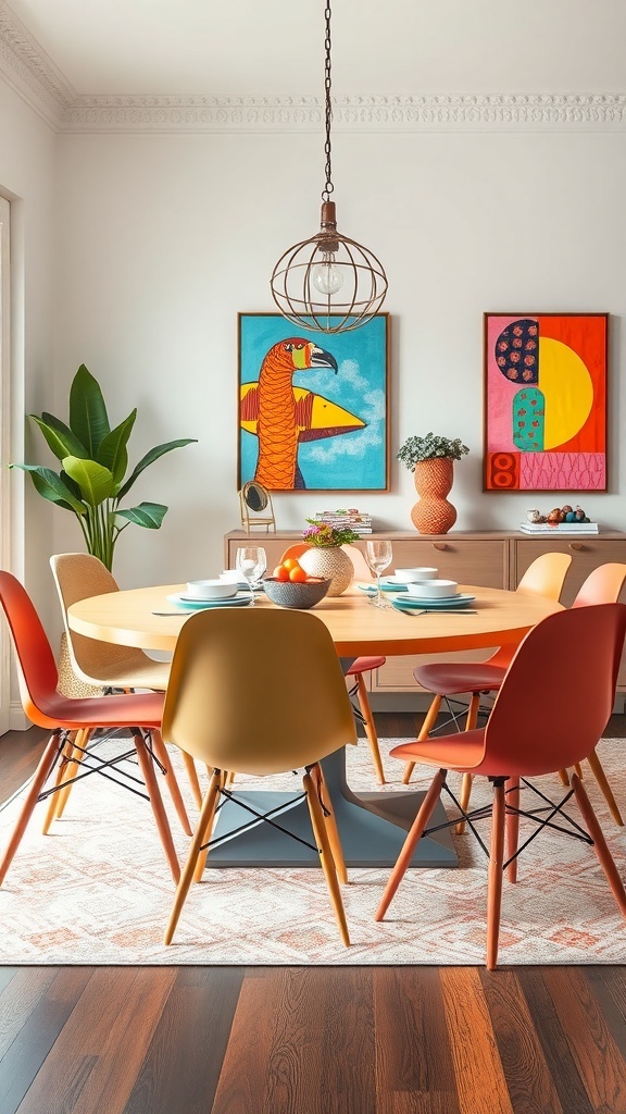 A colorful eclectic dining room with a round table, mixed chairs, vibrant artwork, and a large plant.