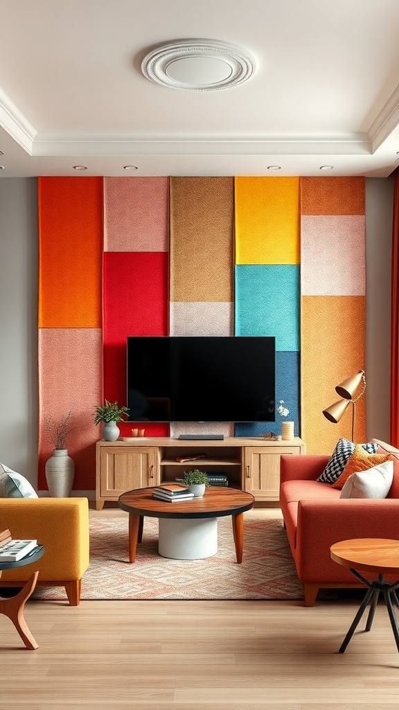 A living room featuring a colorful fabric accent wall behind a mounted TV, with vibrant panels in various colors.