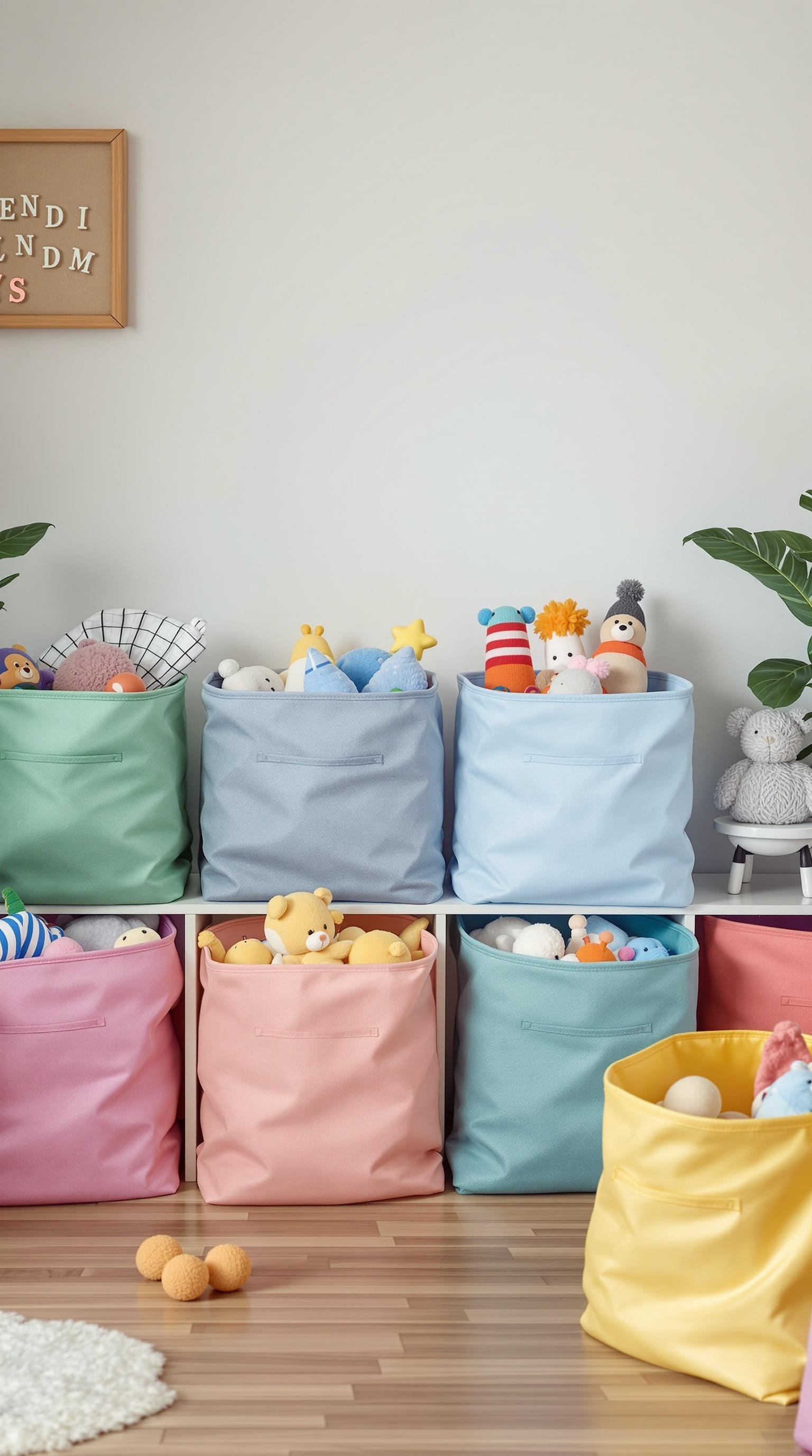 Colorful fabric storage bins filled with toys in a bright room