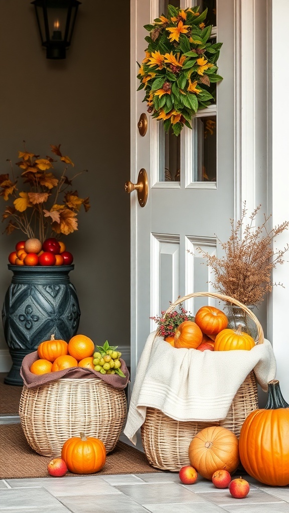 Colorful fall fruit baskets on a porch with pumpkins and a wreath