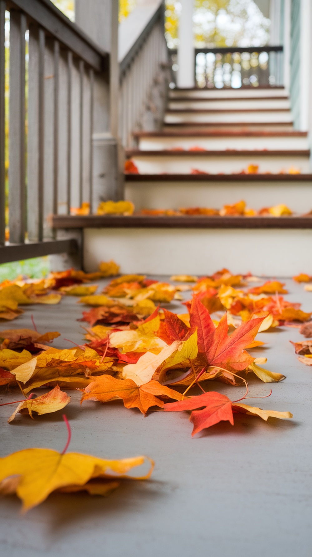 Colorful fall leaves scattered on porch steps