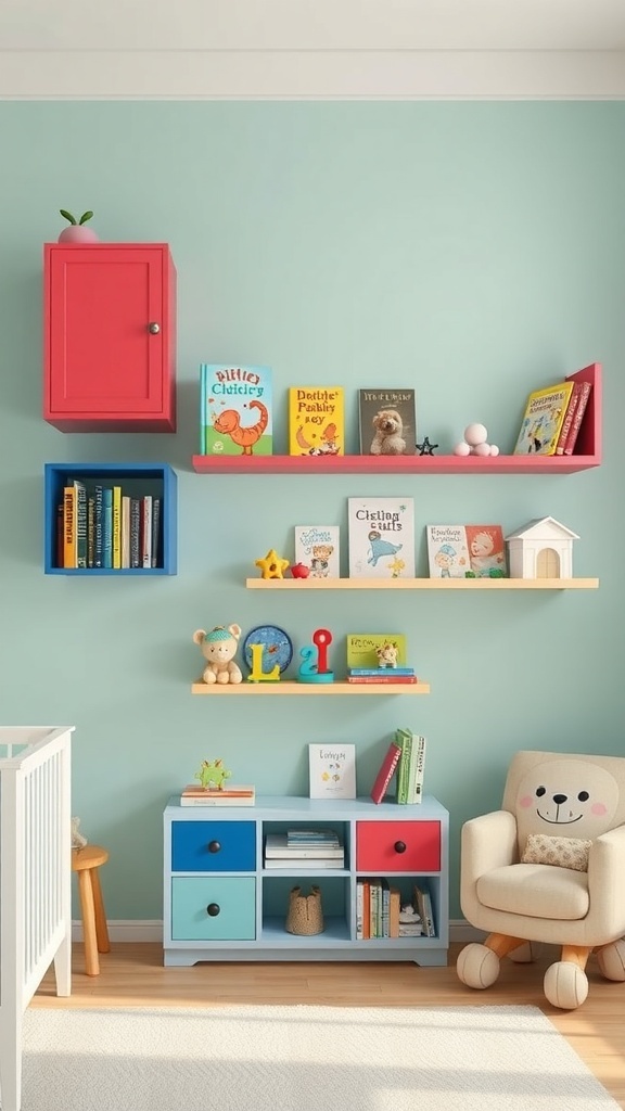 Colorful floating shelves in a children's room displaying books and toys.