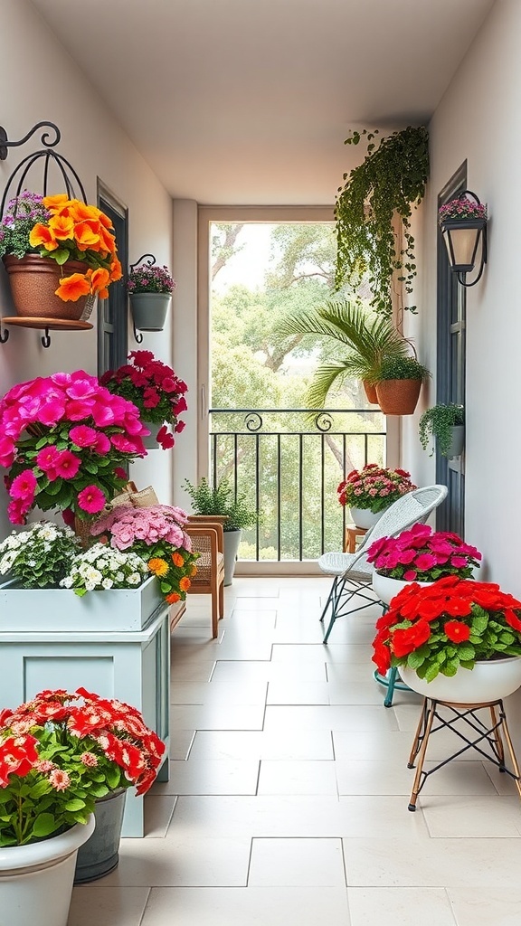 A tiny balcony filled with colorful flower boxes and hanging plants.