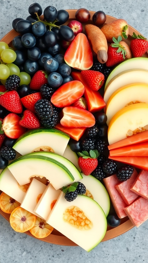 A vibrant charcuterie board featuring colorful fresh fruits including strawberries, blueberries, blackberries, green grapes, and melon slices.