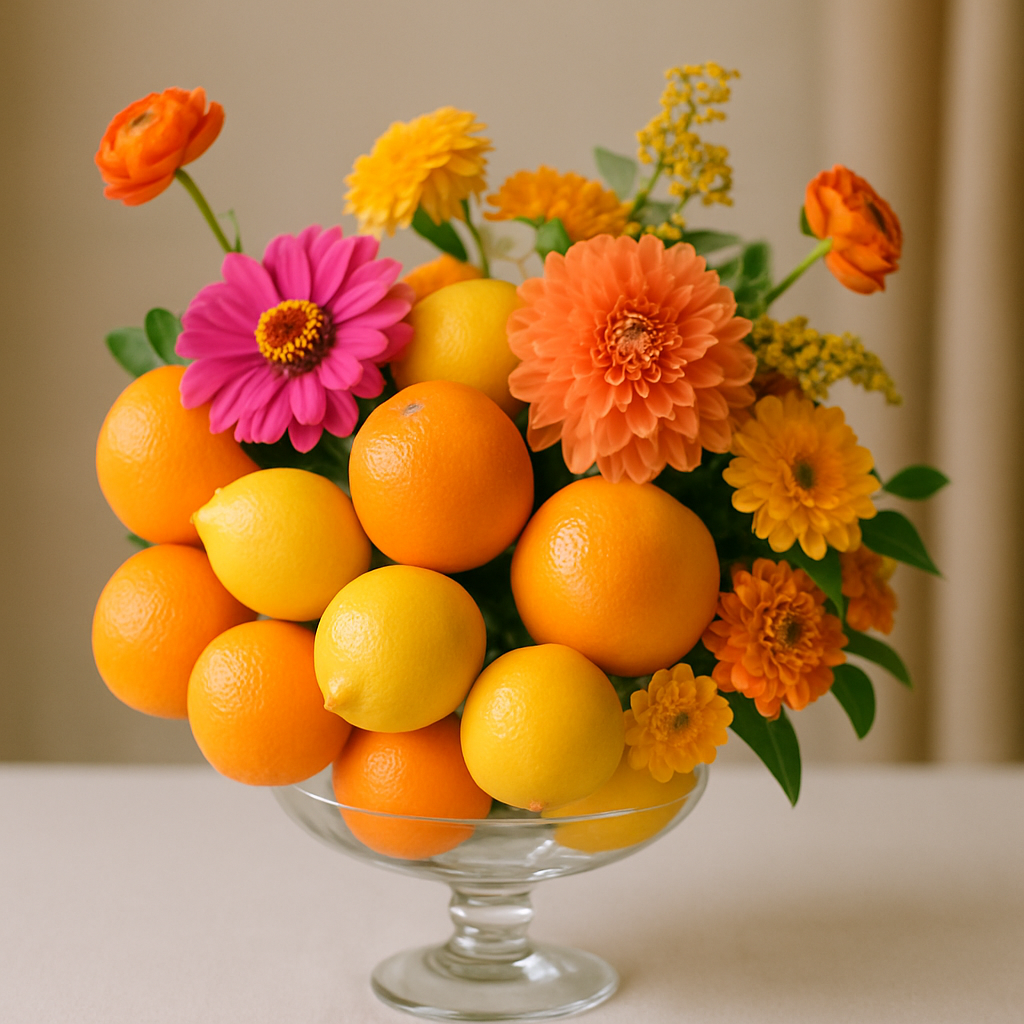 A centerpiece featuring oranges, lemons, and colorful flowers in a glass bowl.